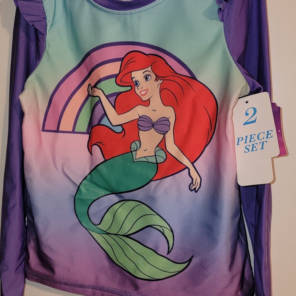 NWT Disney Ariel | Rash Guard Swimsuit | 2 pc Set UPF 50+ Girls Little Mermaid
